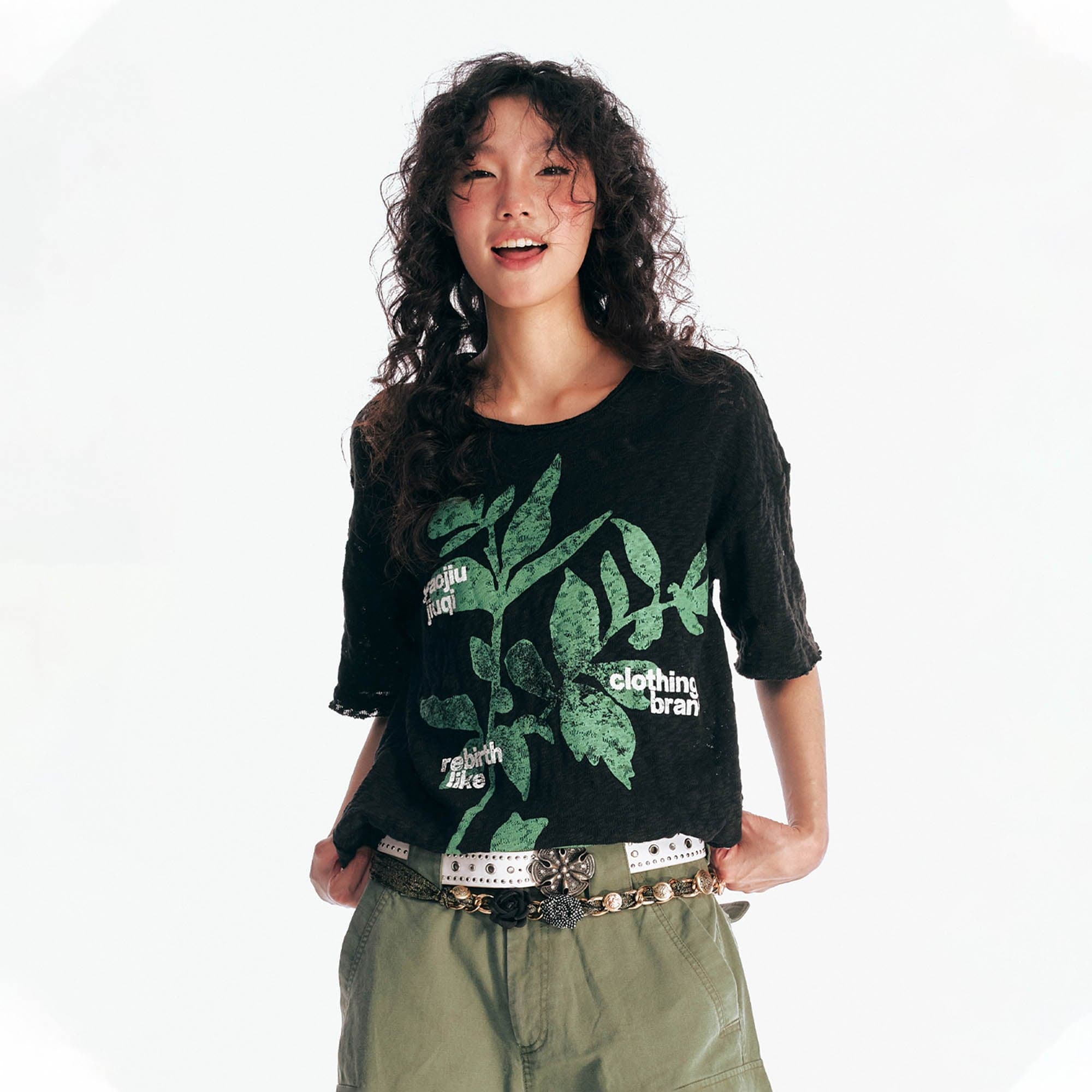 1997 POSTOFFICE Sesame Leaves Graphics Burnout T-Shirt-T Shirt-S-Black-Free Shipping Leatheretro