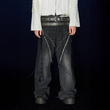 DND4DES Raw-Edge Faux Fur Spliced Jeans-Jeans-S-Free Shipping Leatheretro