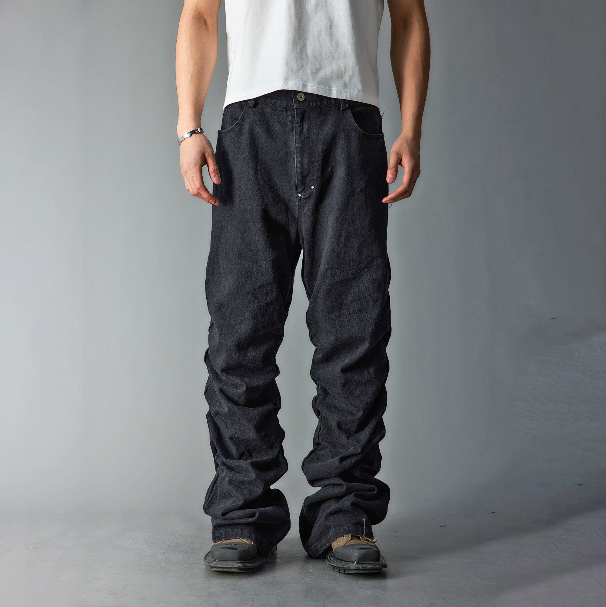 WHISTLEHUNTER Stacked Washed Rivet Flare Jeans-Jeans-S-Black-Free Shipping Leatheretro