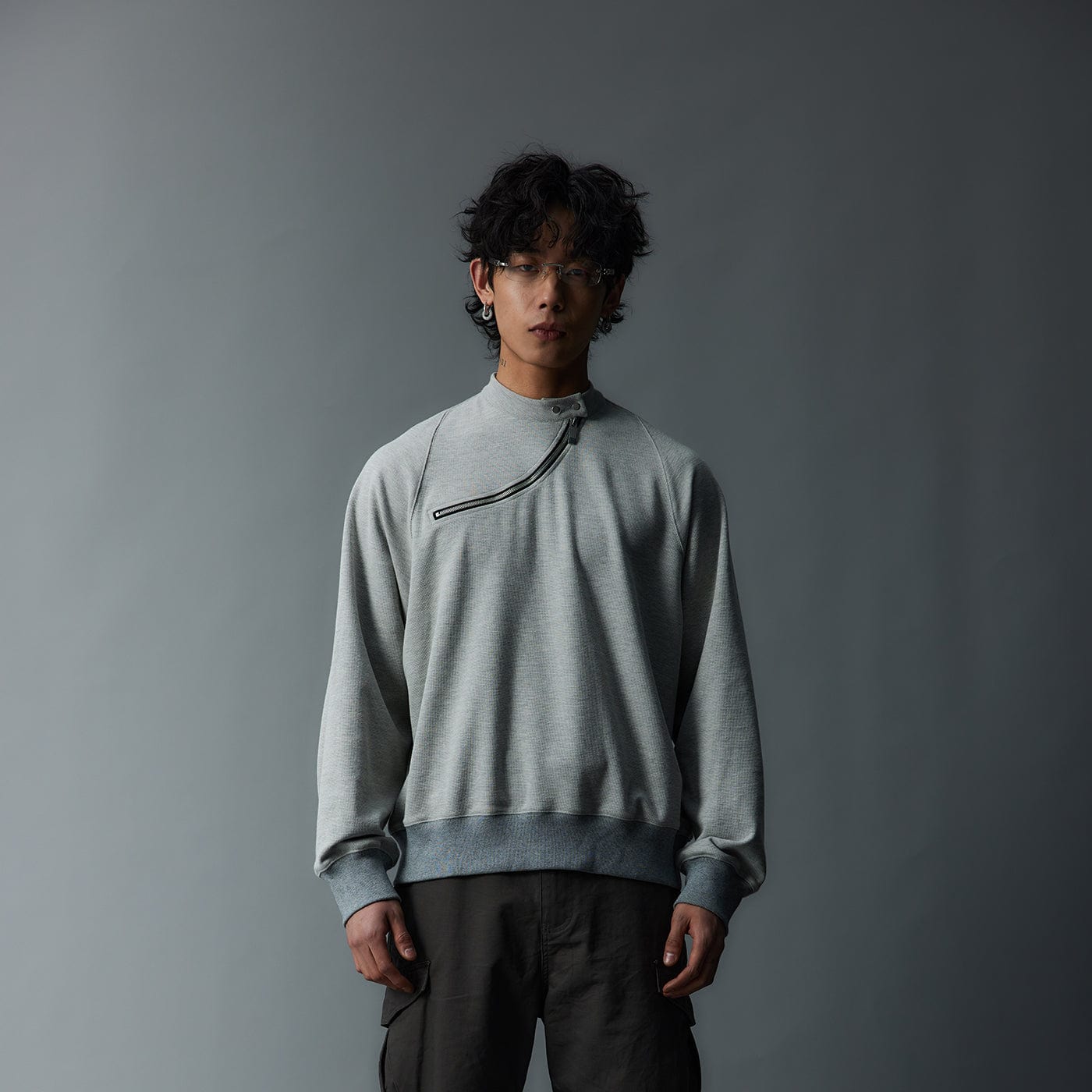 WHISTLEHUNTER Asymmetrical Zipper Rivet Mock Neck Light Sweatshirt-L/S Tee-S-Grey-Free Shipping Leatheretro