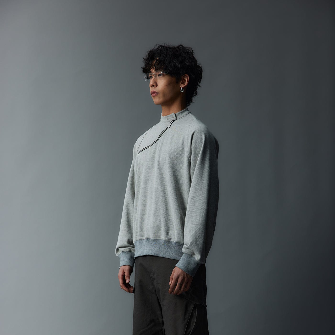 WHISTLEHUNTER Asymmetrical Zipper Rivet Mock Neck Light Sweatshirt-L/S Tee-S-Grey-Free Shipping Leatheretro