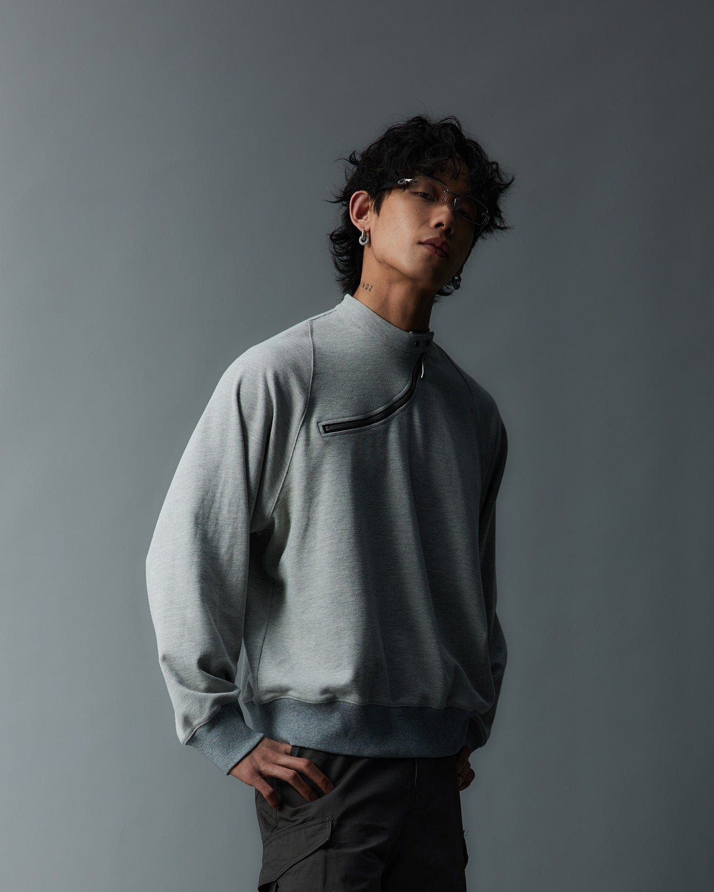 WHISTLEHUNTER Asymmetrical Zipper Rivet Mock Neck Light Sweatshirt-L/S Tee-S-Grey-Free Shipping Leatheretro