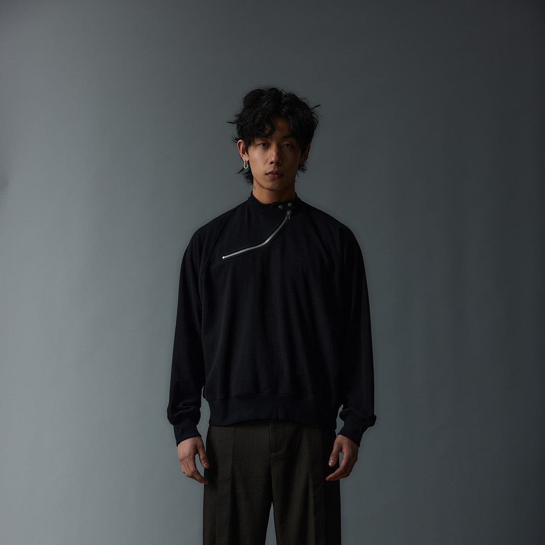 WHISTLEHUNTER Asymmetrical Zipper Rivet Mock Neck Light Sweatshirt-L/S Tee-S-Grey-Free Shipping Leatheretro