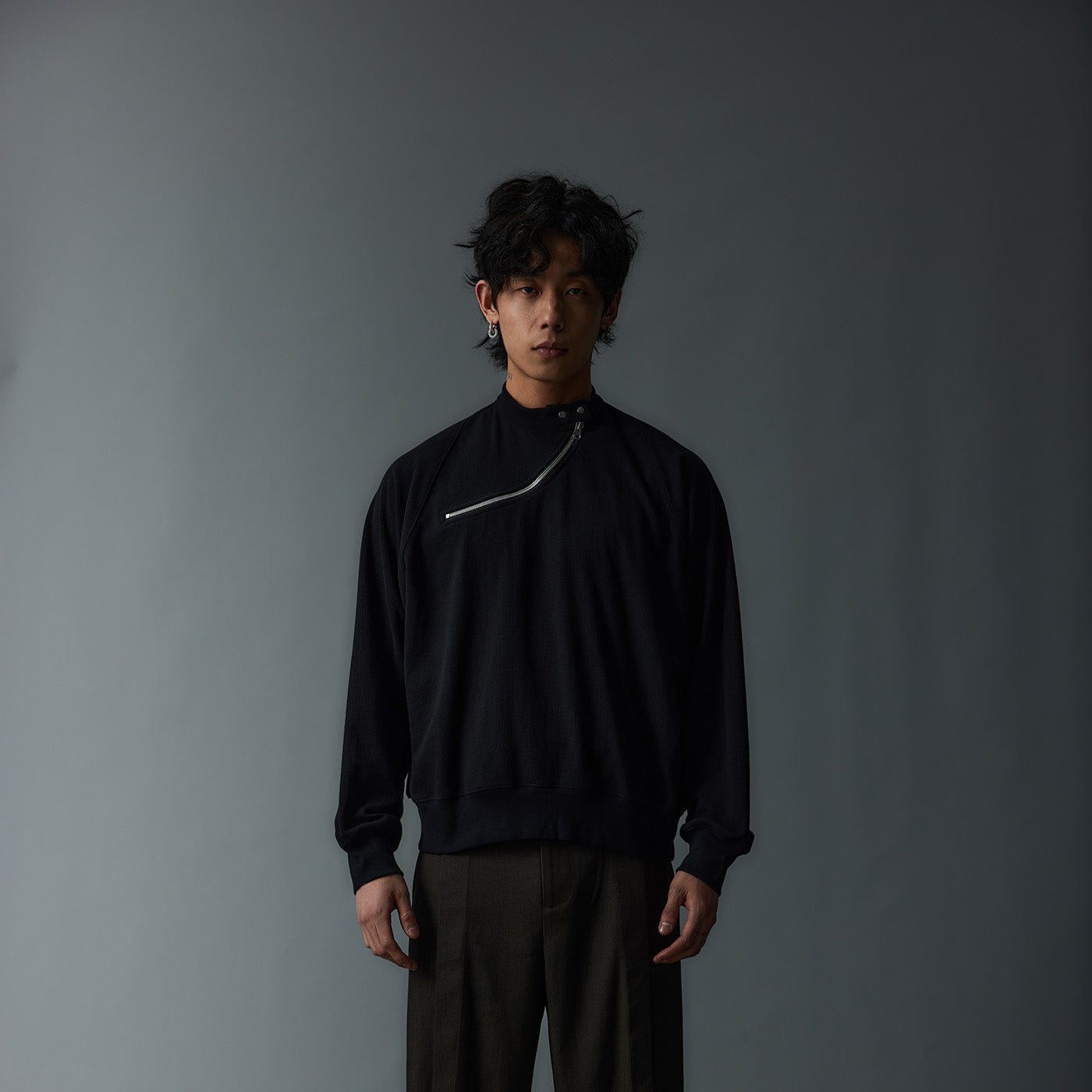 WHISTLEHUNTER Asymmetrical Zipper Rivet Mock Neck Light Sweatshirt-L/S Tee-S-Grey-Free Shipping Leatheretro