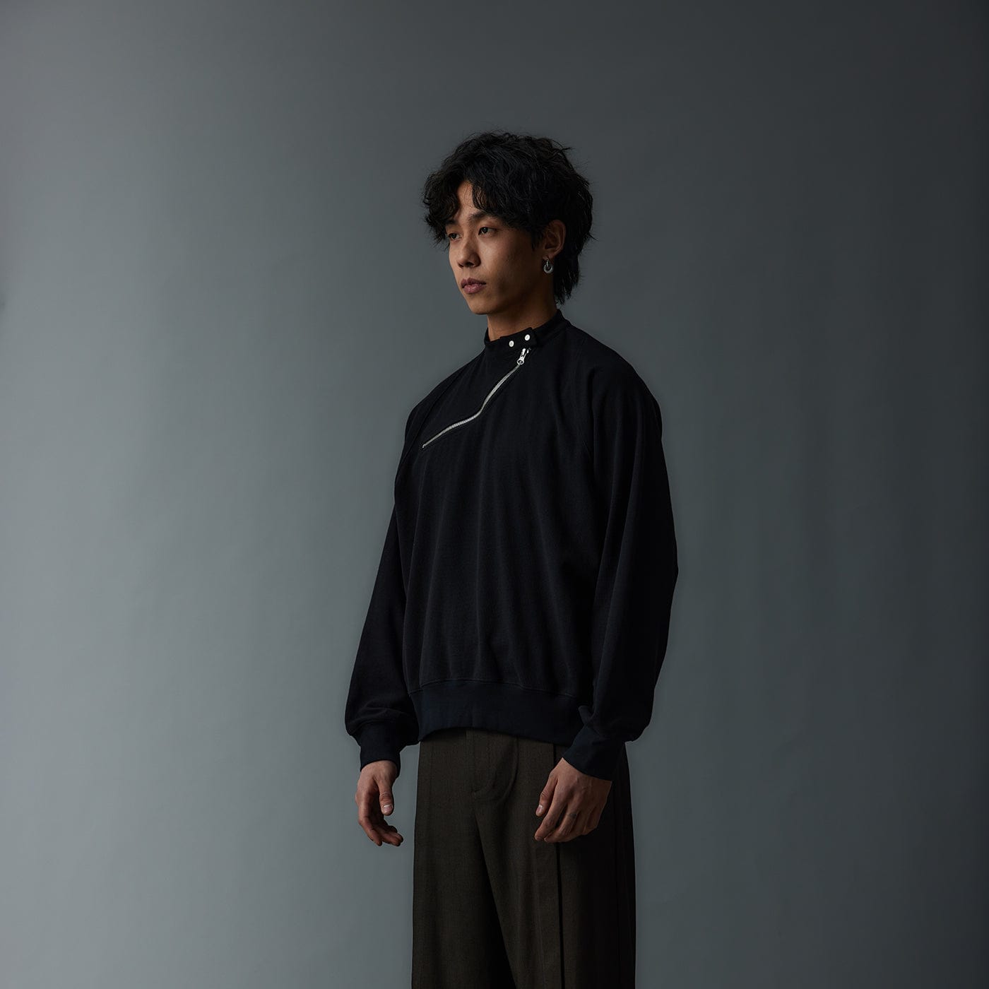 WHISTLEHUNTER Asymmetrical Zipper Rivet Mock Neck Light Sweatshirt-L/S Tee-S-Grey-Free Shipping Leatheretro