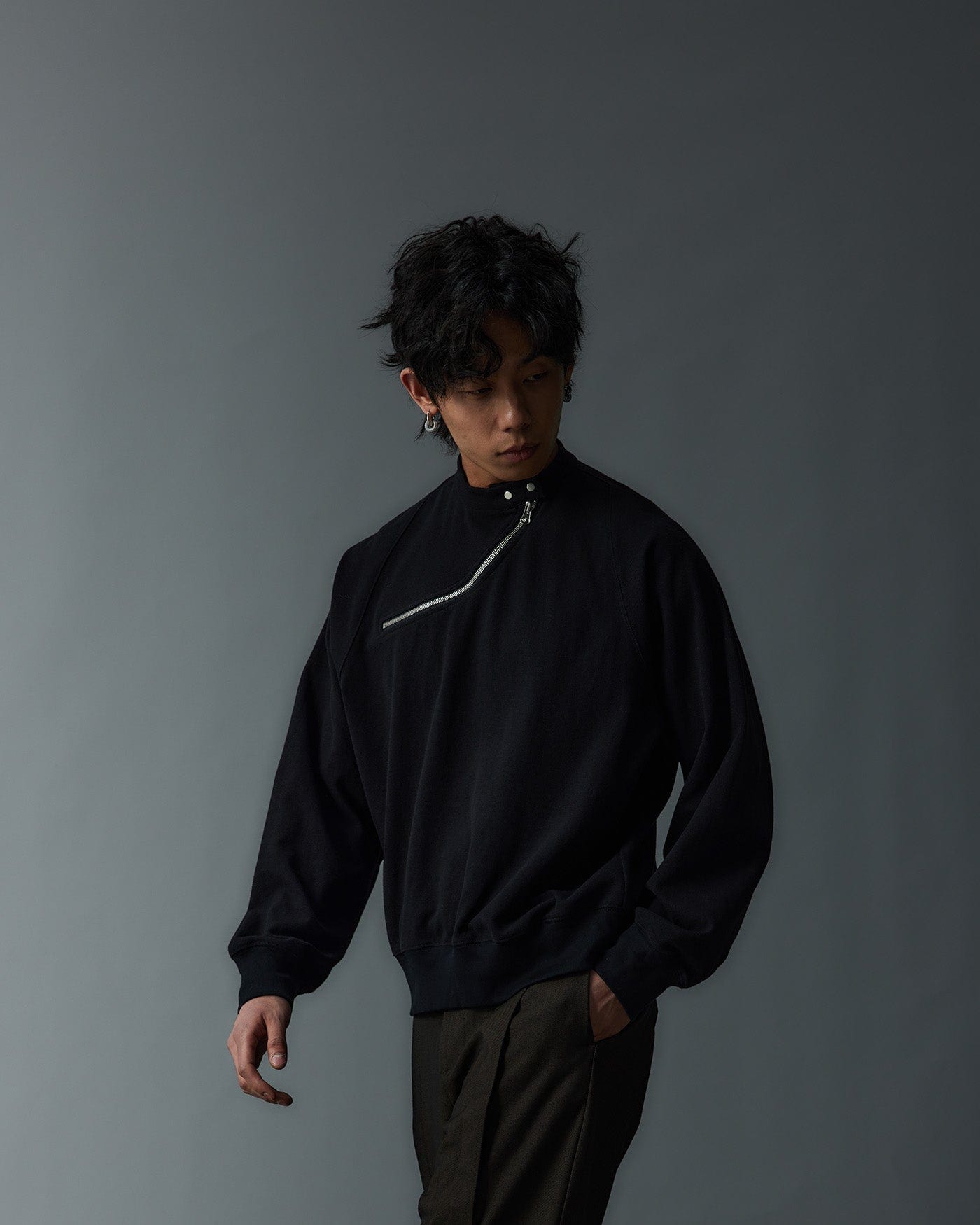 WHISTLEHUNTER Asymmetrical Zipper Rivet Mock Neck Light Sweatshirt-L/S Tee-S-Grey-Free Shipping Leatheretro