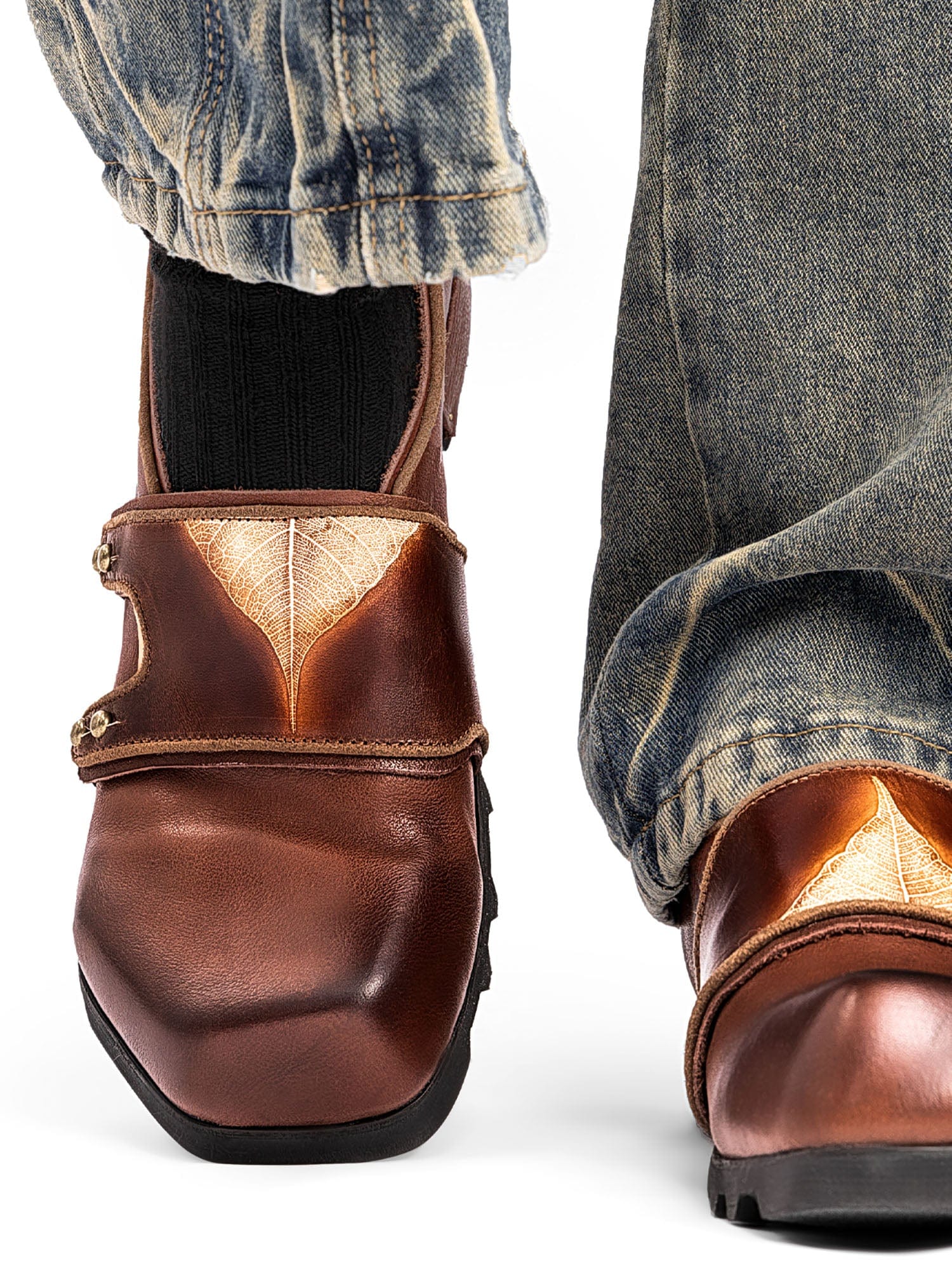 REWRITE Leaf Cowhide Velcro Loafers Brown-Shoes-38.5-Free Shipping Leatheretro