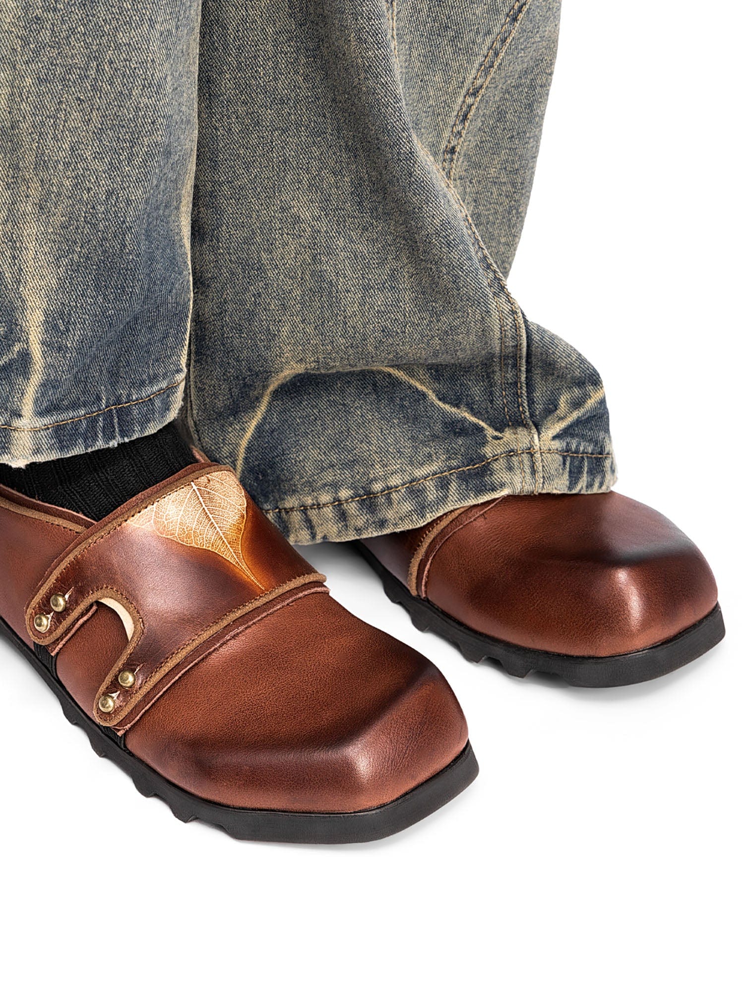 REWRITE Leaf Cowhide Velcro Loafers Brown-Shoes-38.5-Free Shipping Leatheretro