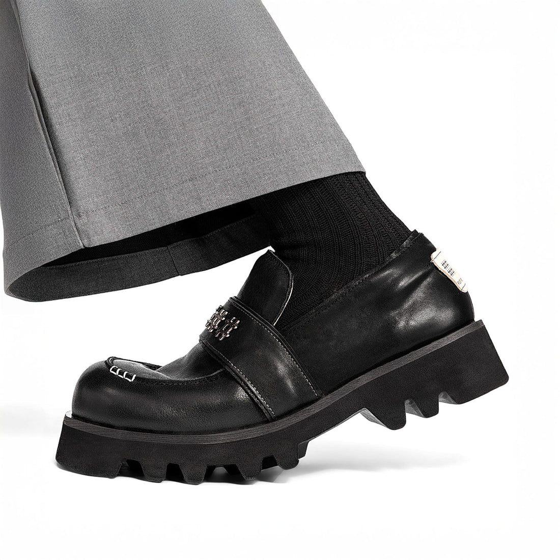 REWRITE Cowhide Chunky Sole Loafers Black-Shoes-39-Free Shipping Leatheretro