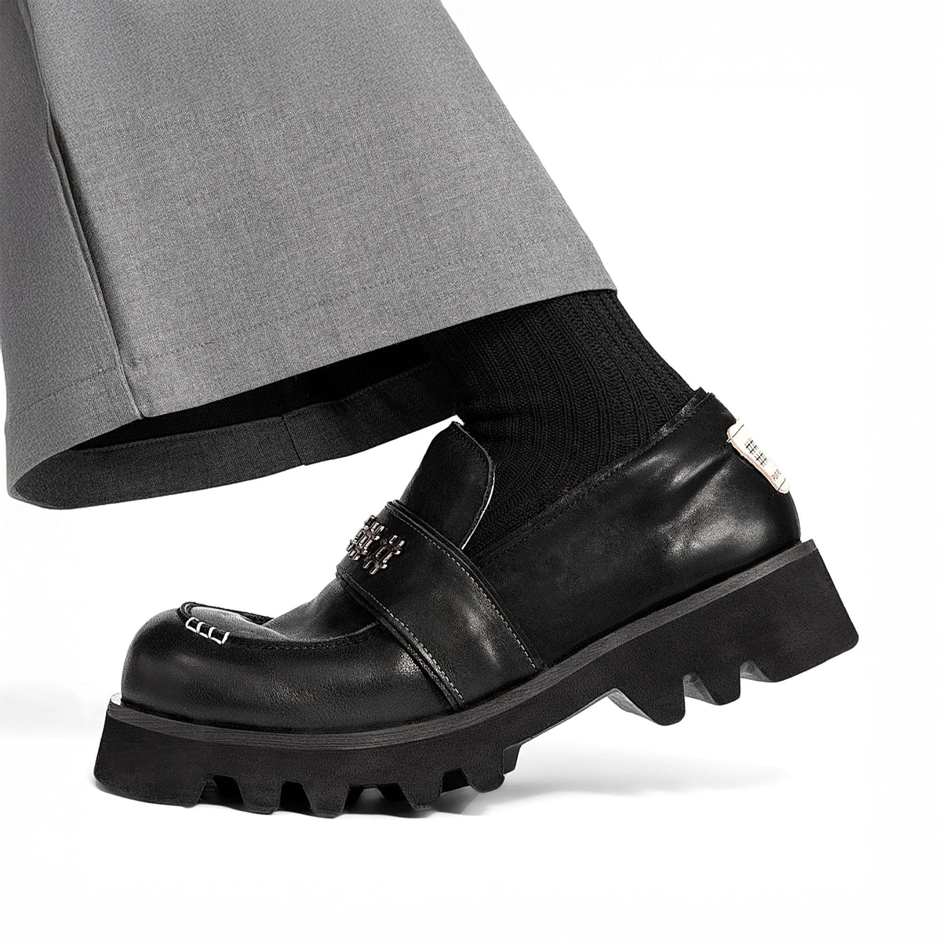 REWRITE Cowhide Chunky Sole Loafers Black-Shoes-39-Free Shipping Leatheretro