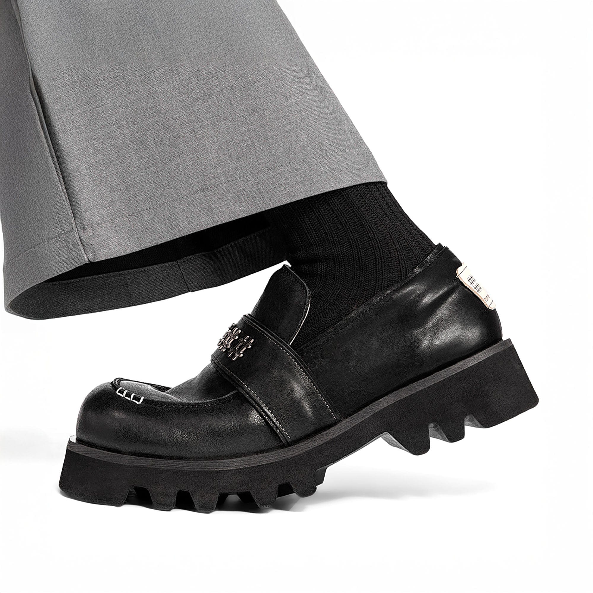 REWRITE Cowhide Chunky Sole Loafers Black-Shoes-39-Free Shipping Leatheretro