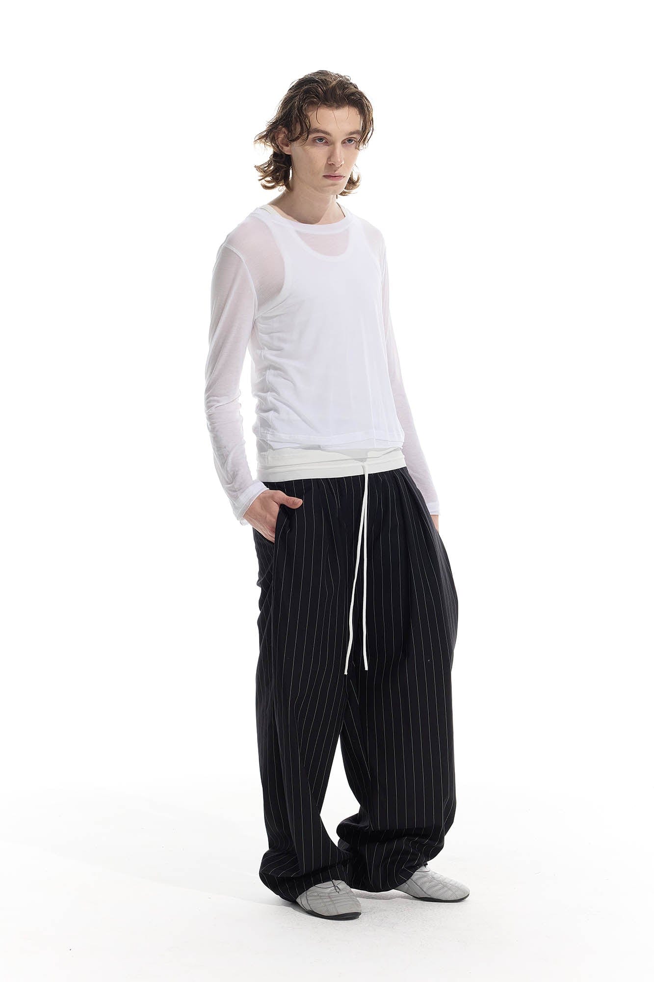WHISTLEHUNTER Pinstriped Pleated Drawstring Wide-Leg Pants-Pants-S-Black-Free Shipping Leatheretro