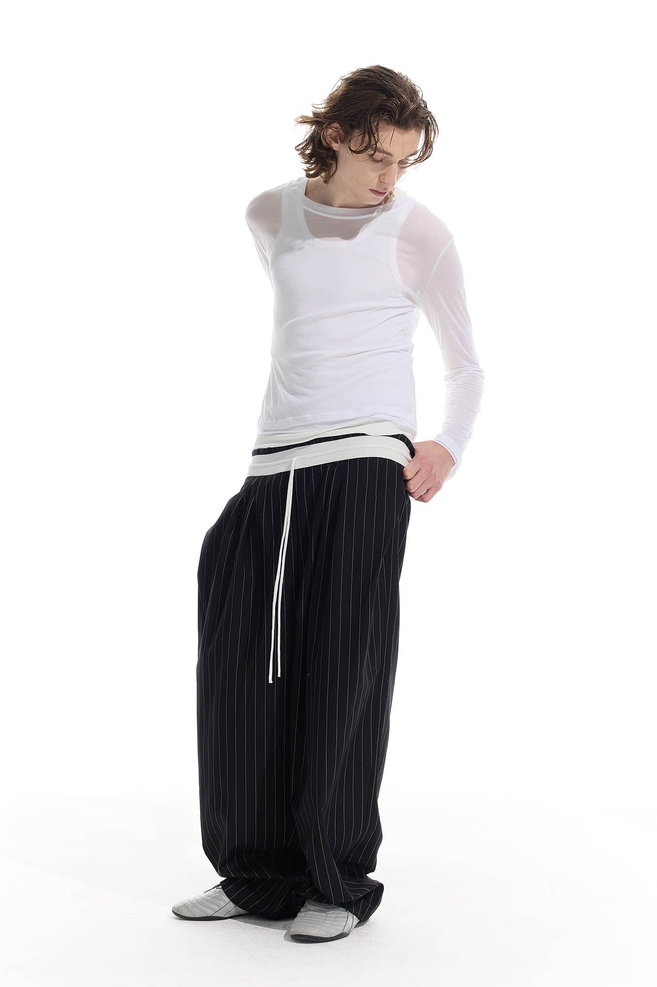 WHISTLEHUNTER Pinstriped Pleated Drawstring Wide-Leg Pants-Pants-S-Black-Free Shipping Leatheretro
