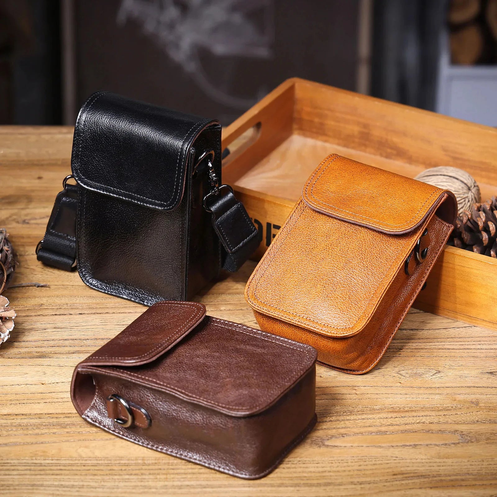 Genuine Leather Men's Shoulder Bag – Vintage Style Crossbody Phone Pouch-Handbags-Brown-Free Shipping Leatheretro