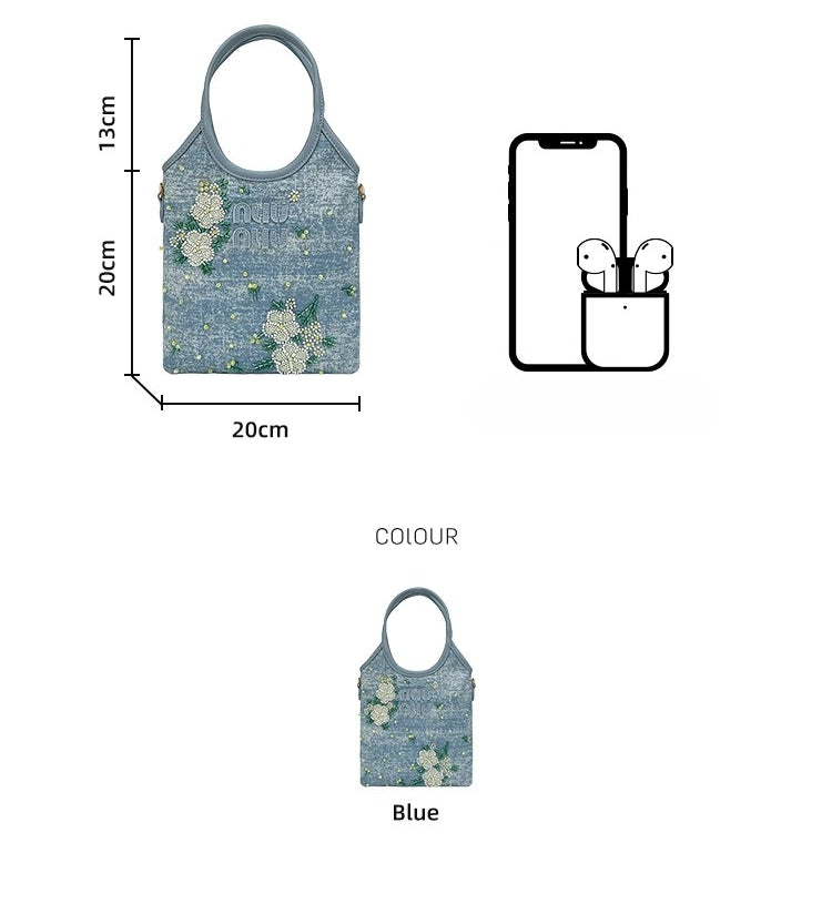 Embroidery Denim Tote Bag – Stylish Women’s Handheld, Shoulder & Crossbody Purse-blue-Free Shipping Leatheretro