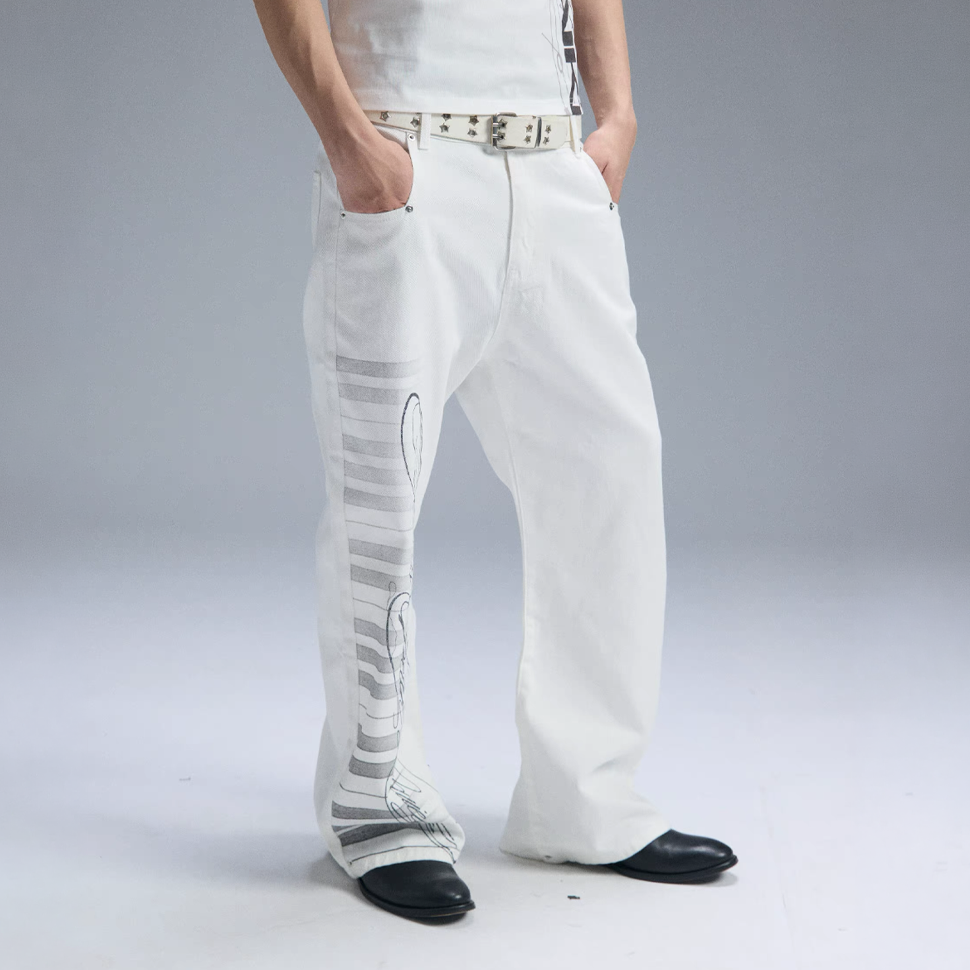 PAIKI Piano Key Script Foil Flared Jeans-Jeans-S / 31"-Black (Preorder)-Free Shipping Leatheretro