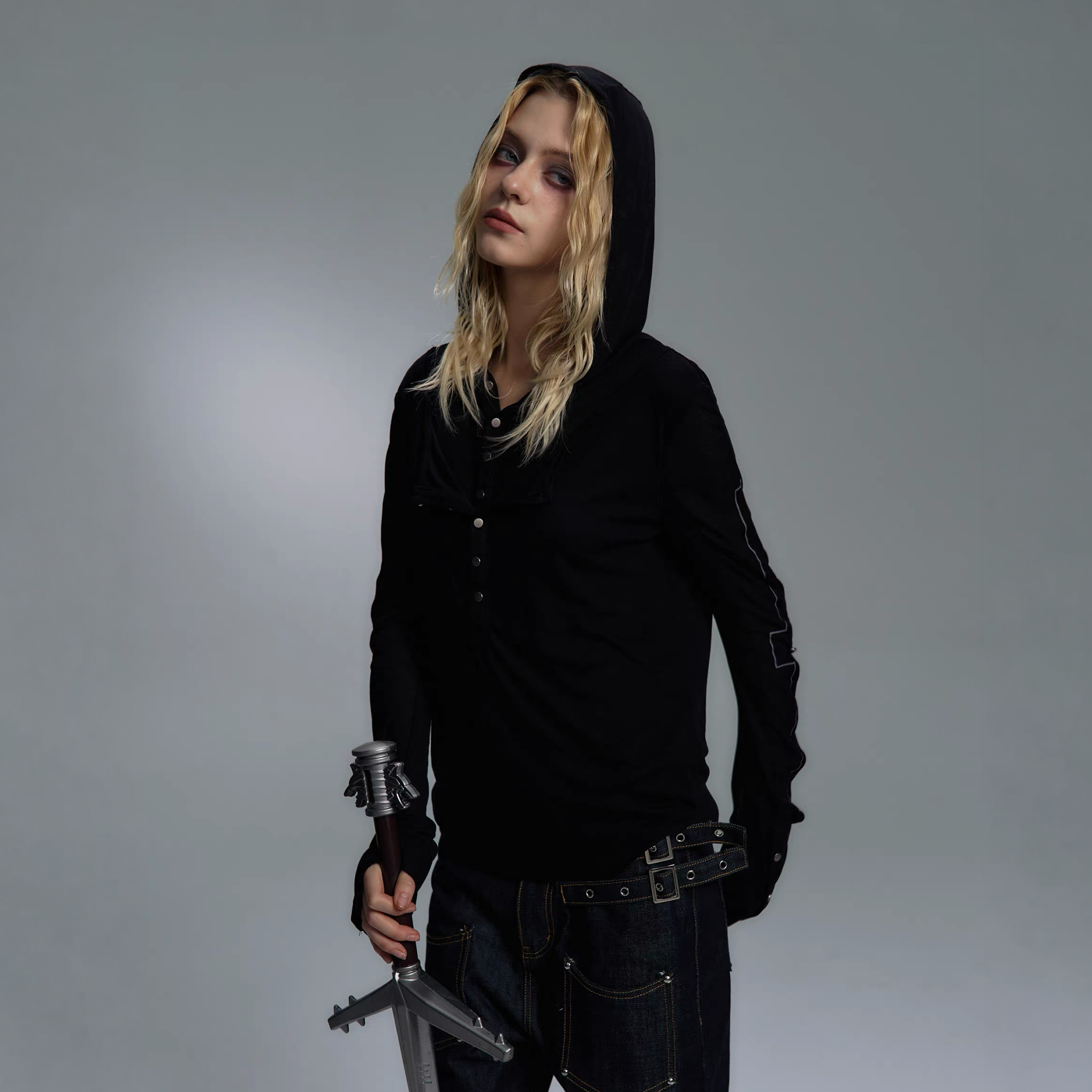PAIKI Cross Layered Slim Hooded Long Sleeve Tee-L/S Tee-S-Black (Preorder)-Free Shipping Leatheretro
