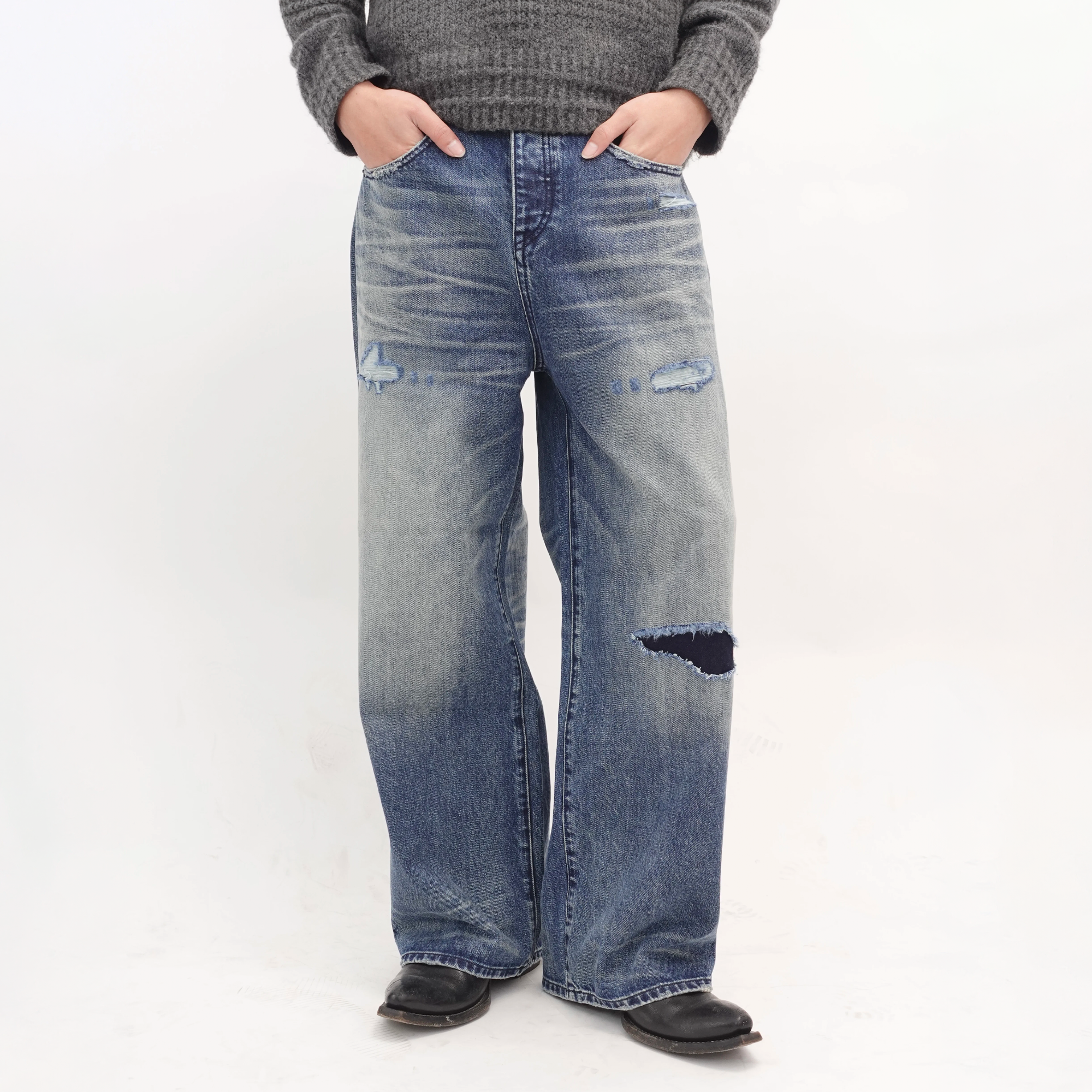 IN EXISTENCE x STM Washed Patched Distressed Straight Jeans-Jeans-S-Free Shipping Leatheretro