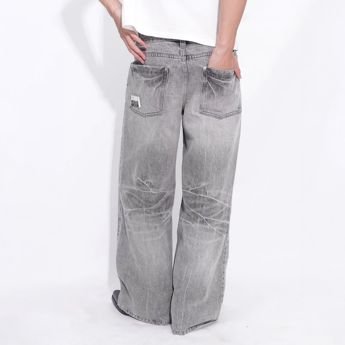 IN EXISTENCE x i Washed Lightning Fade Wide-Leg Jeans Gray-Jeans-XS (0)-Free Shipping Leatheretro