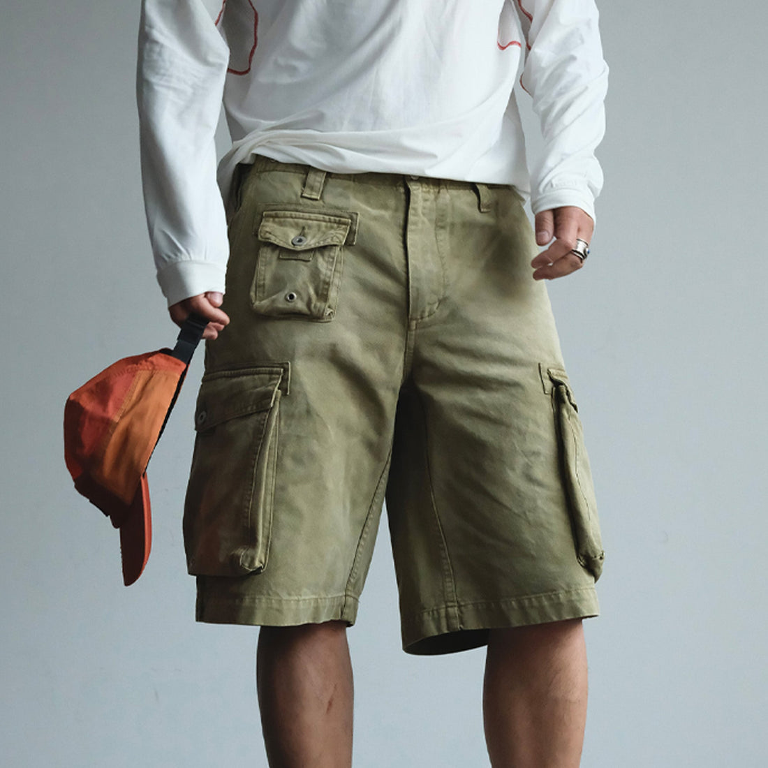 NEIGBORL Washed Sulfur-Dyed Multi-Pocket Cargo Shorts-Shorts-S-Green-Free Shipping Leatheretro