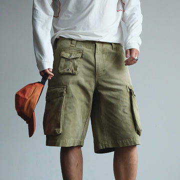 NEIGBORL Washed Sulfur-Dyed Multi-Pocket Cargo Shorts-Shorts-S-Green-Free Shipping Leatheretro