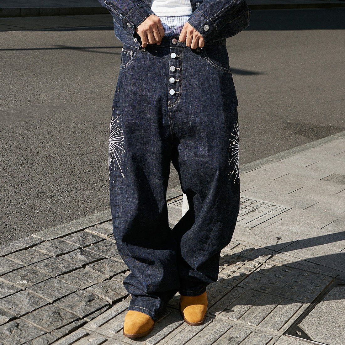 STEEPC Firework Embroidered Rhinestone Curved Raw Jeans-Jeans-S-Free Shipping Leatheretro