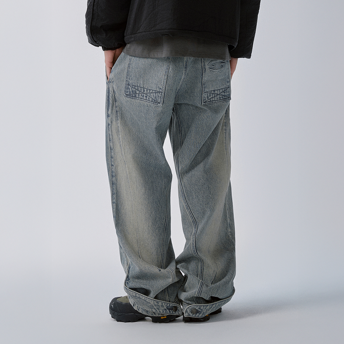 F2CE Washed Panel Adjustable-Hem Denim Pants-Jeans-S-Free Shipping Leatheretro