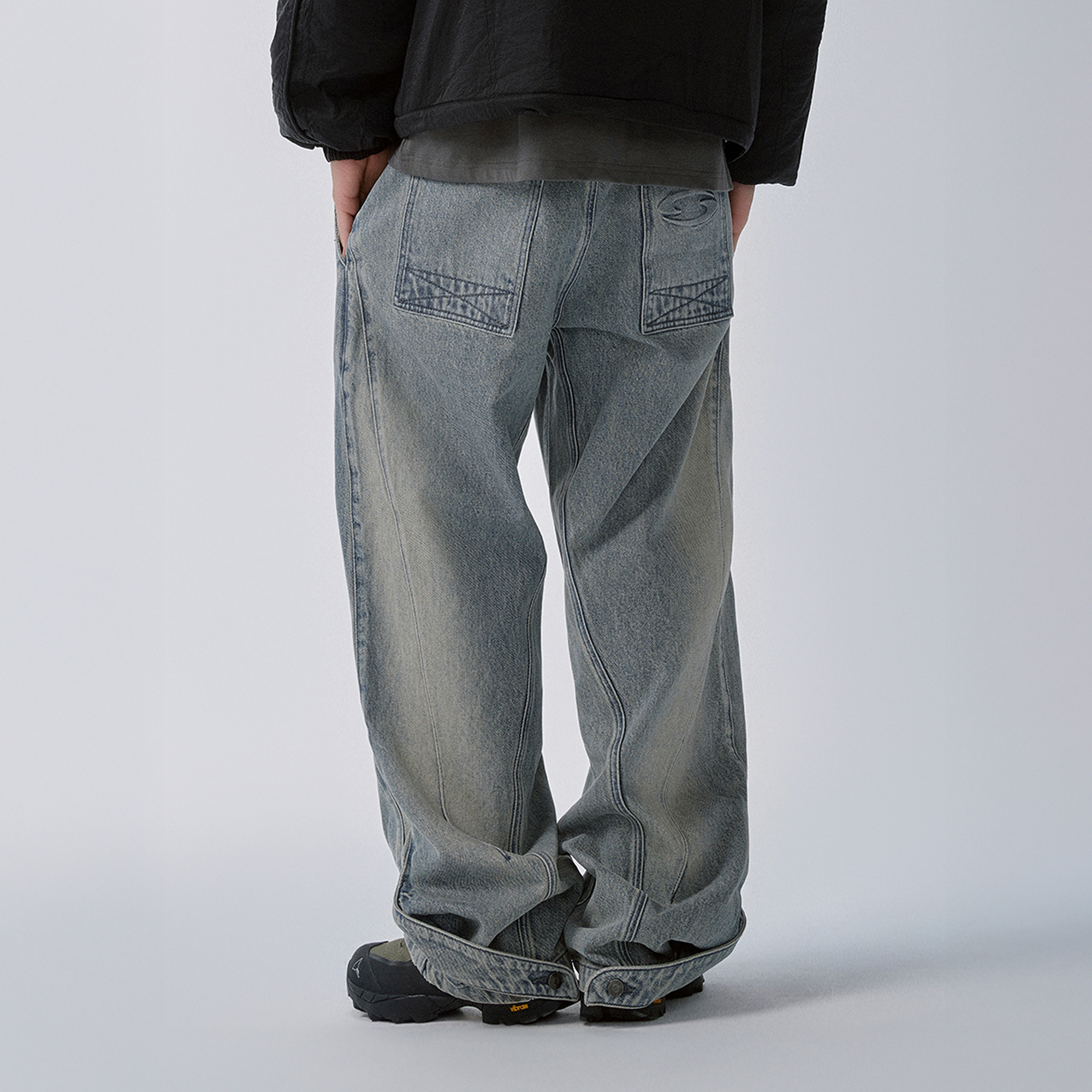 F2CE Washed Panel Adjustable-Hem Denim Pants-Jeans-S-Free Shipping Leatheretro