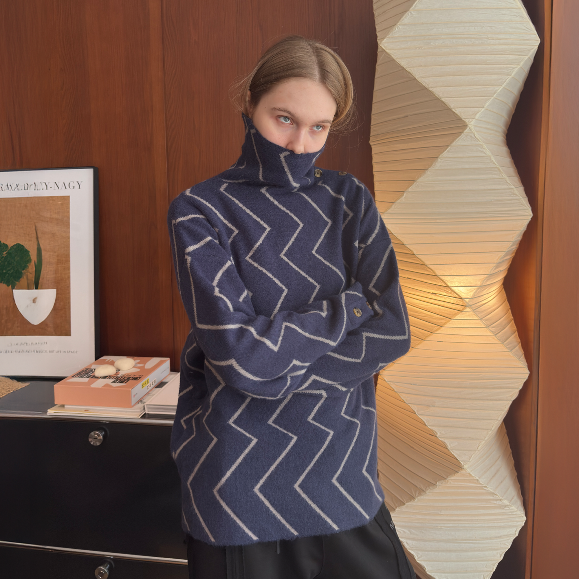 MIICHOUS Geometric Ripple Jacquard Asym High-Neck Sweater-Sweater-S-Light Gray-Free Shipping Leatheretro