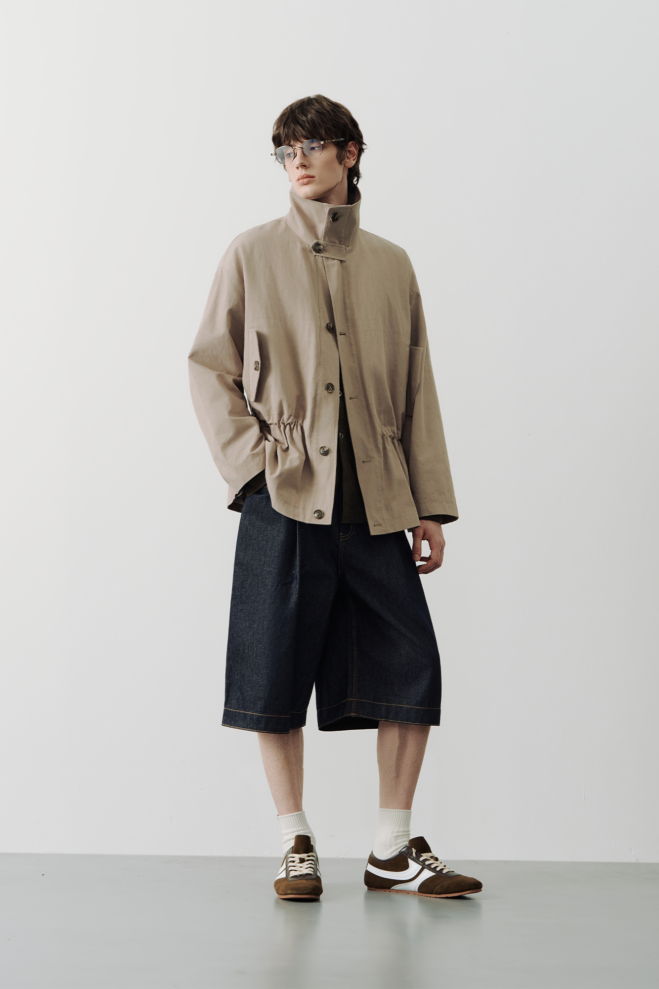 SAME FLOW Stand-Collar Drawstring-Waist Jacket-Jacket-S-Khaki-Free Shipping Leatheretro