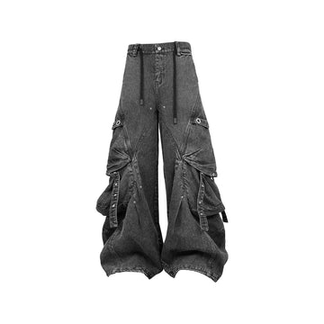 RELABEL Washed Paneled Strap Oversized Cargo Jeans Black-Jeans-XS-Free Shipping Leatheretro