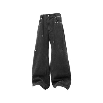 RELABEL Washed Studded Panel Oversized Jeans Black-Jeans-XS-Free Shipping Leatheretro