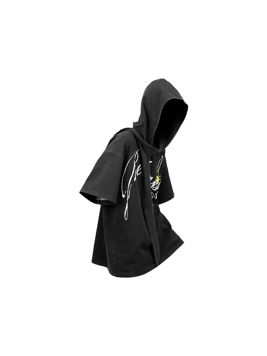 RELABEL Detachable Hood Washed Denim Tee-T Shirt-XS-Free Shipping Leatheretro