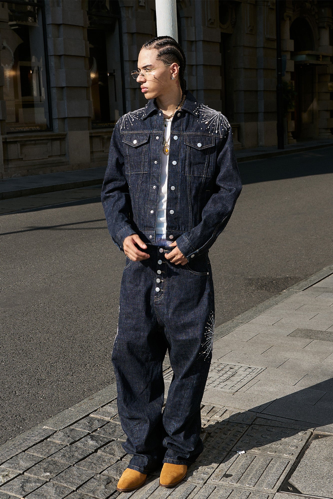 STEEPC Firework Embroidered Rhinestone Curved Raw Jeans-Jeans-S-Free Shipping Leatheretro
