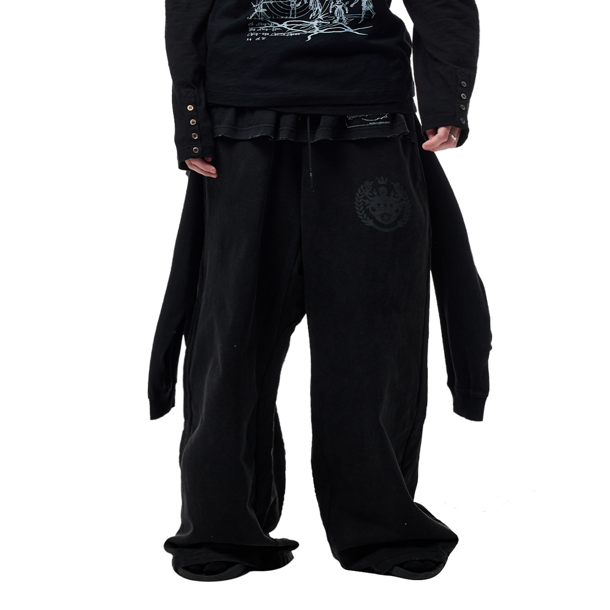 CYCYCY Layered Raw Edge Wide-Leg Sweatpants Black-Pants-S /23"-Free Shipping Leatheretro