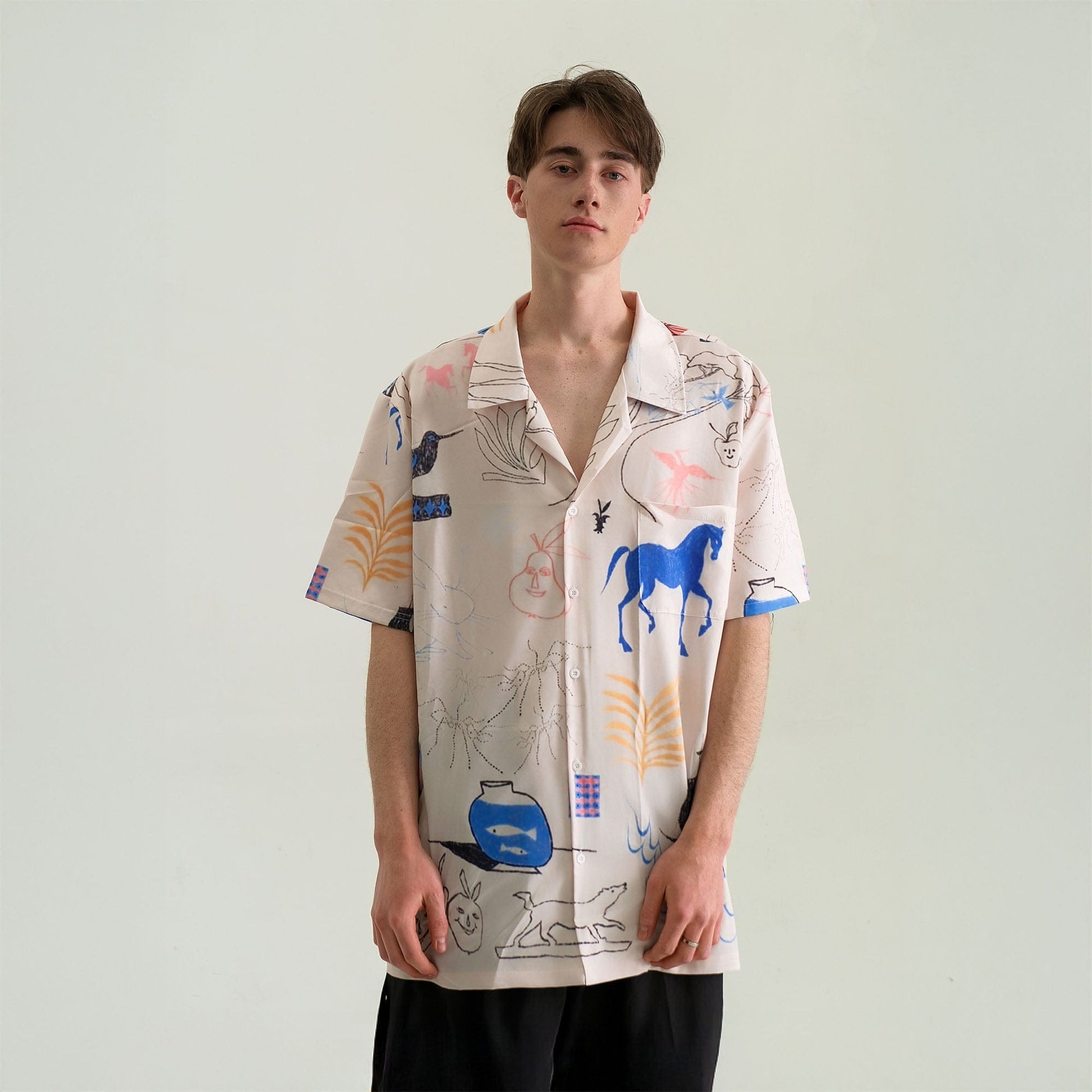 WIID Doodle Sketch Full-Print Cuban Half Shirt-Half shirt-M-Free Shipping Leatheretro