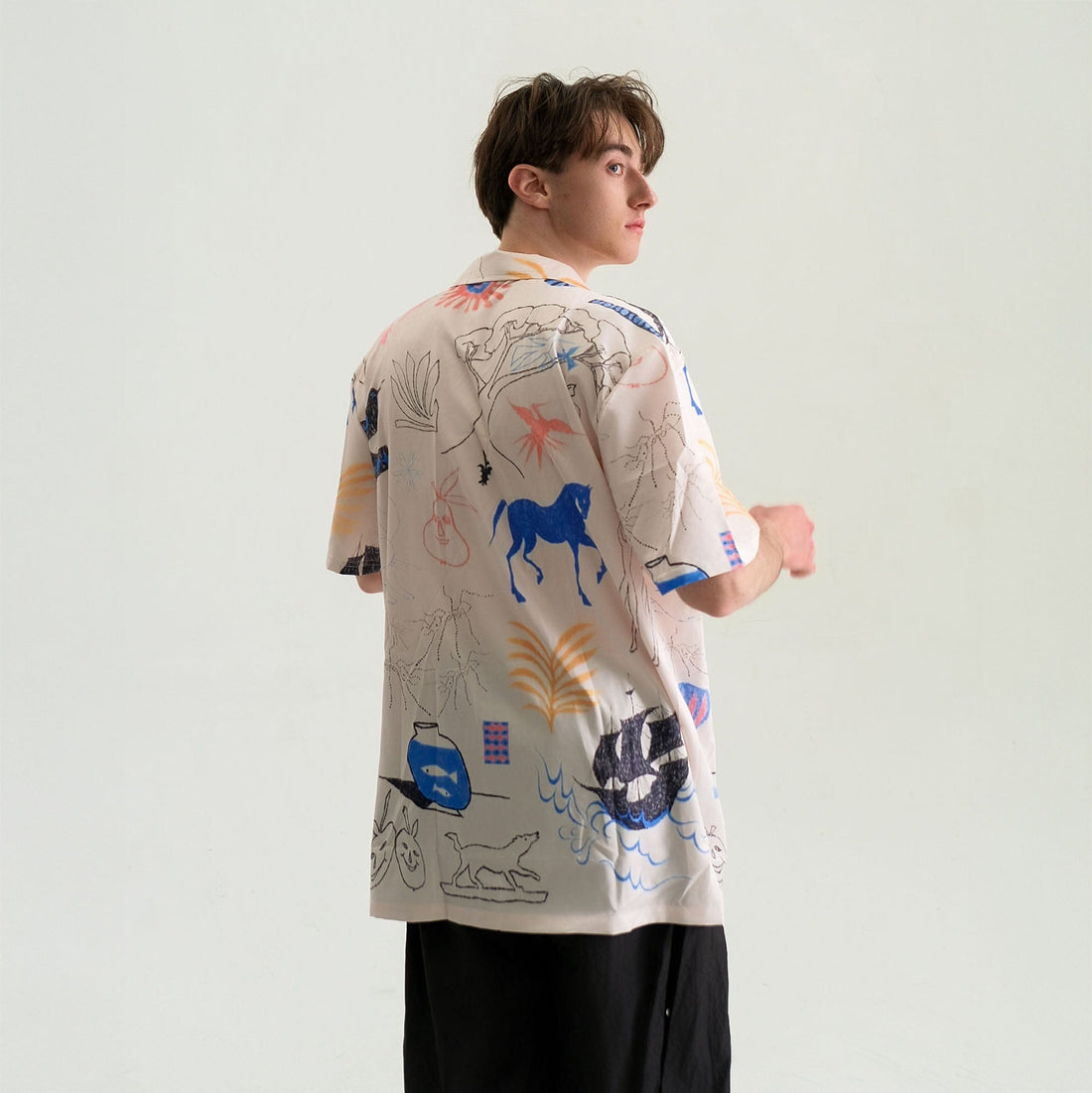 WIID Doodle Sketch Full-Print Cuban Half Shirt-Half shirt-M-Free Shipping Leatheretro