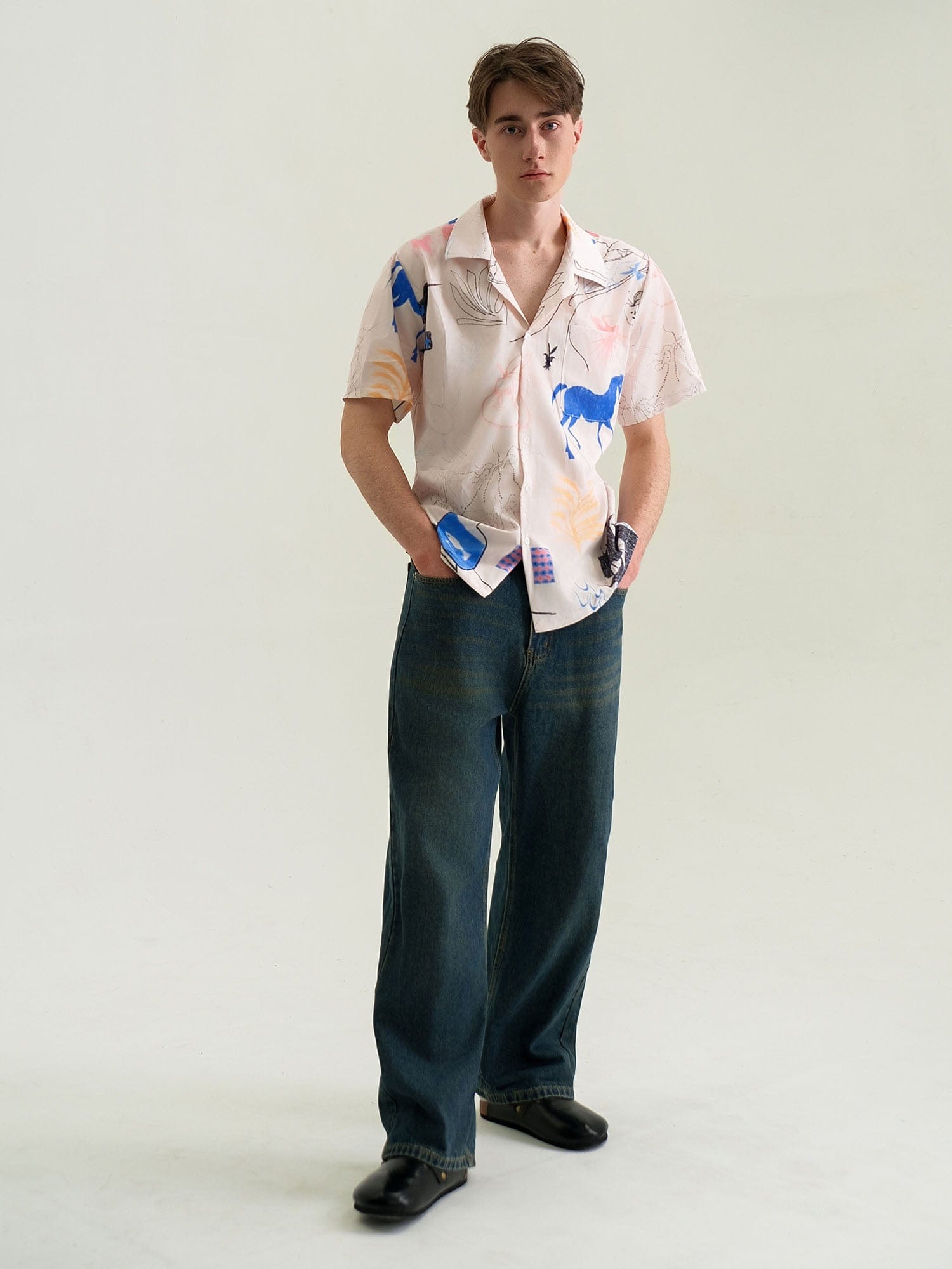 WIID Doodle Sketch Full-Print Cuban Half Shirt-Half shirt-M-Free Shipping Leatheretro
