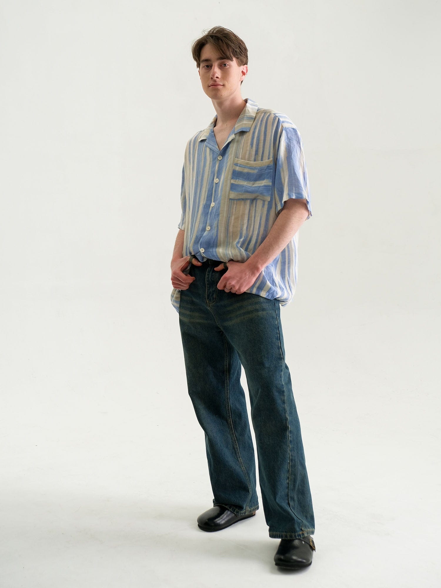 WIID Contrast Stripe Tencel Cuban Half Shirt-Half shirt-M-Free Shipping Leatheretro