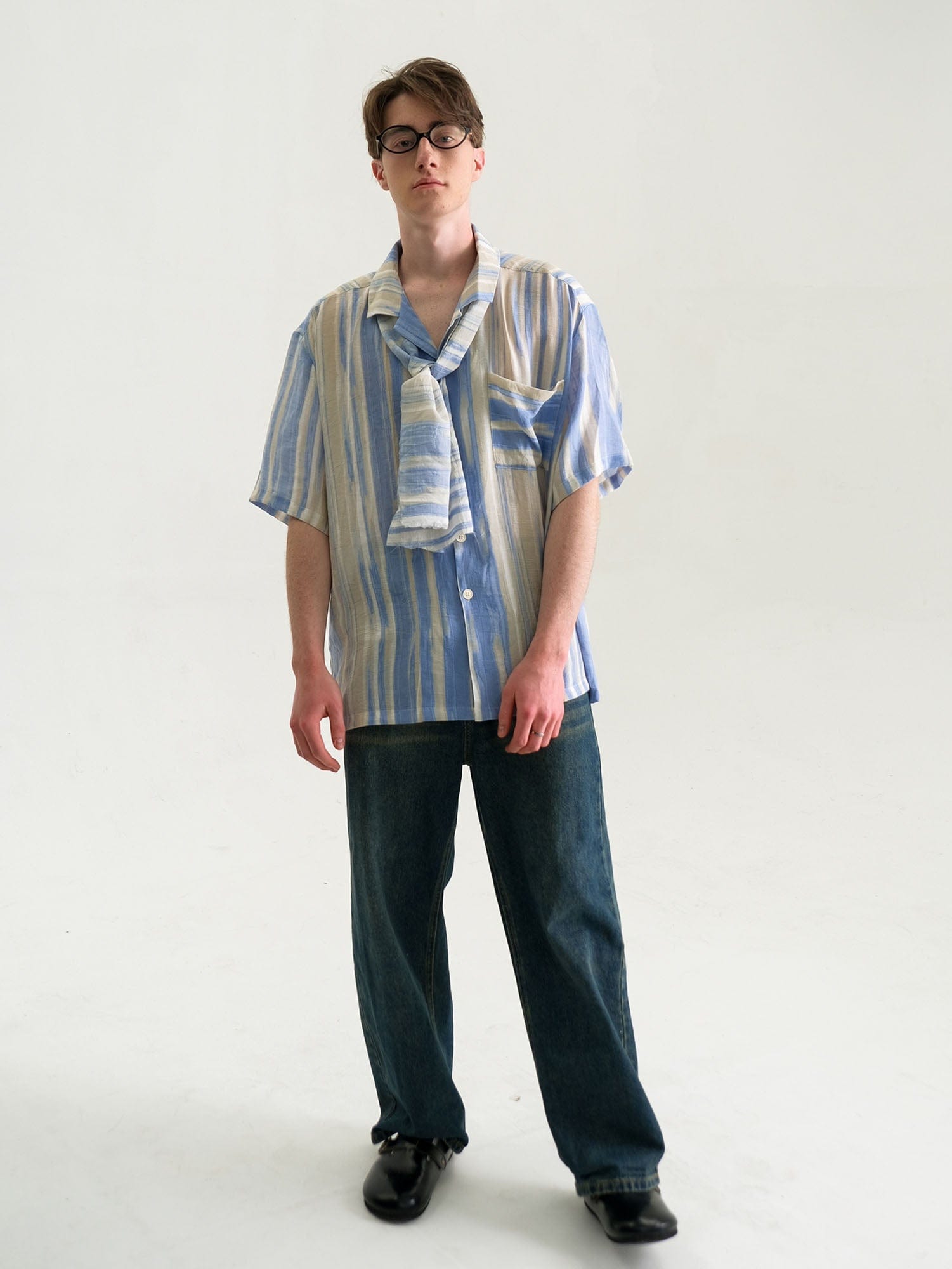 WIID Contrast Stripe Tencel Cuban Half Shirt-Half shirt-M-Free Shipping Leatheretro