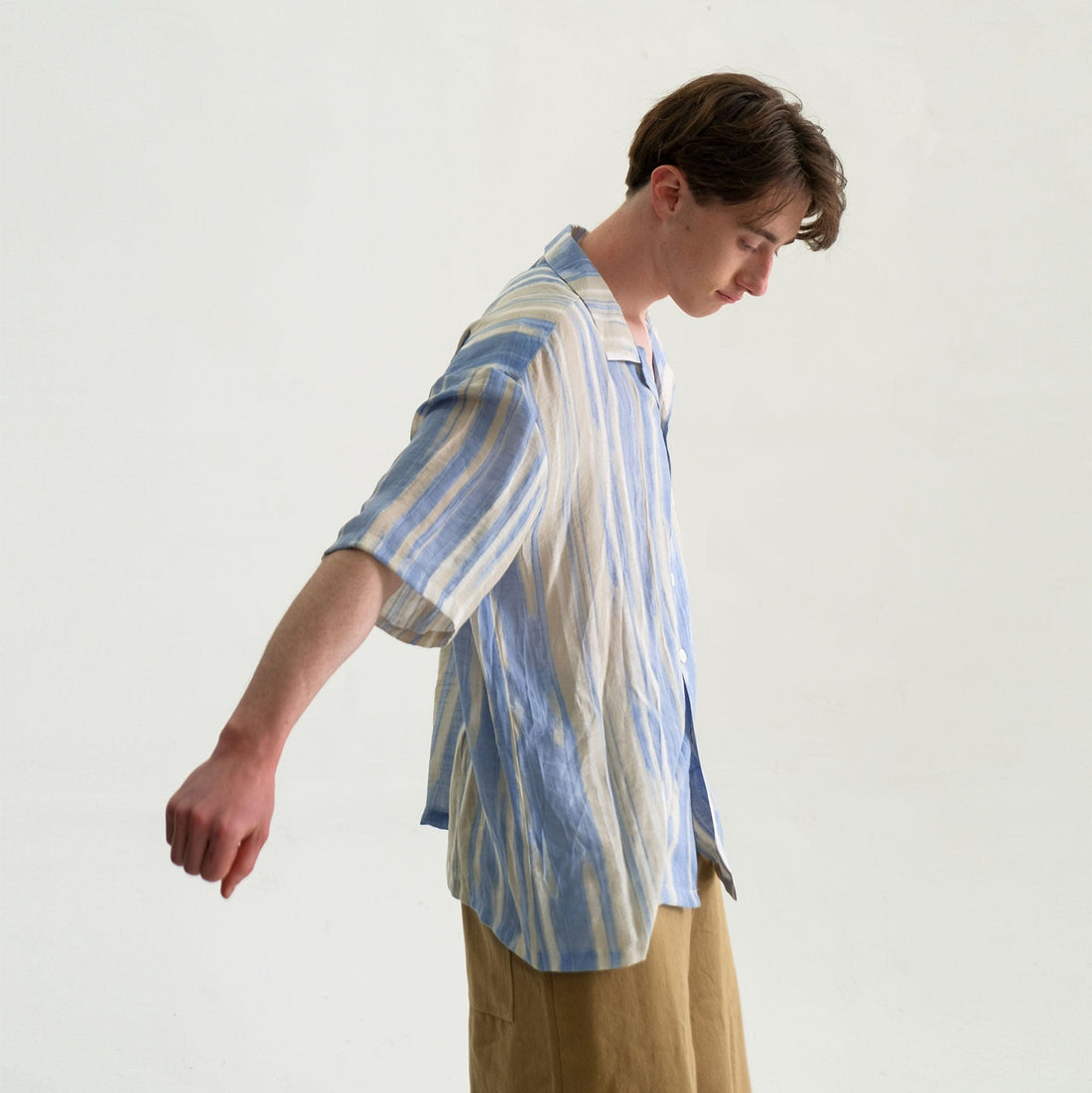 WIID Contrast Stripe Tencel Cuban Half Shirt-Half shirt-M-Free Shipping Leatheretro