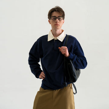WIID Preppy Contrast-Collar Polo Sweatshirt-Sweatshirt-M-Free Shipping Leatheretro
