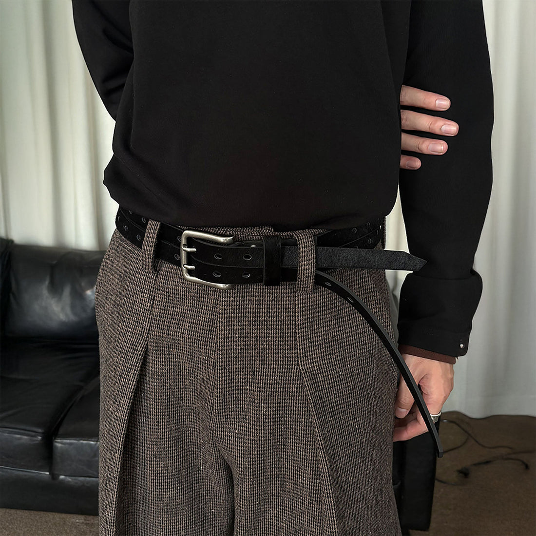 KREATE Perforated Double-Prong Faux Leather Belt-Accessories-Brown-Free Shipping Leatheretro