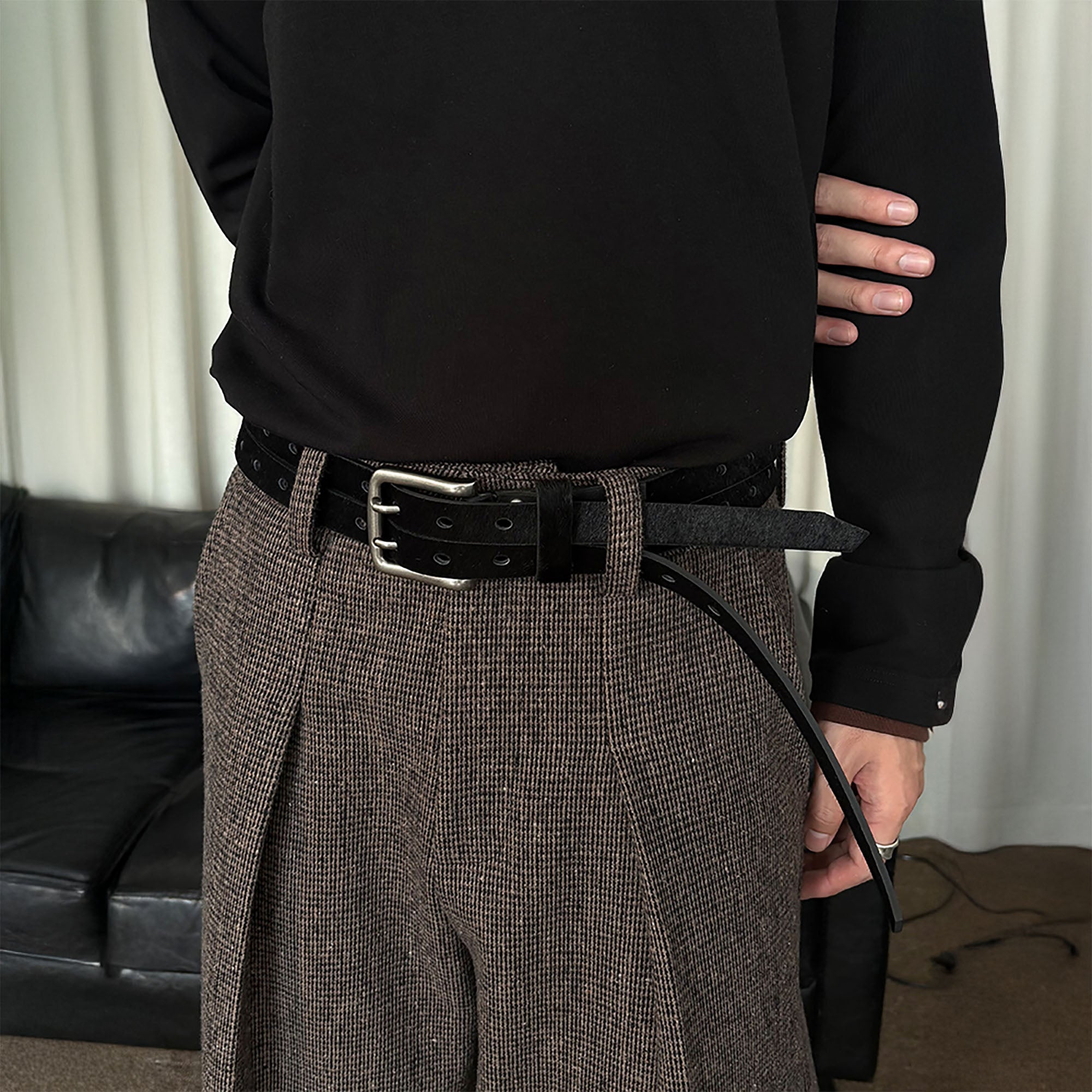 KREATE Perforated Double-Prong Faux Leather Belt-Accessories-Brown-Free Shipping Leatheretro