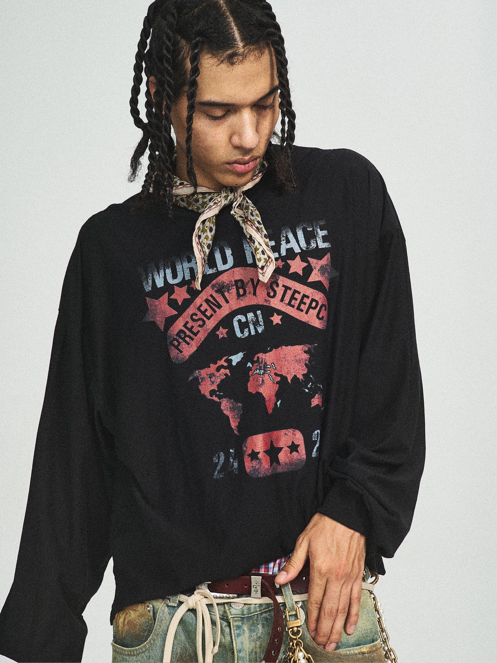 STEEPC Retro World Peace Frayed Long-Sleeve Tee-L/S Tee-S-Free Shipping Leatheretro