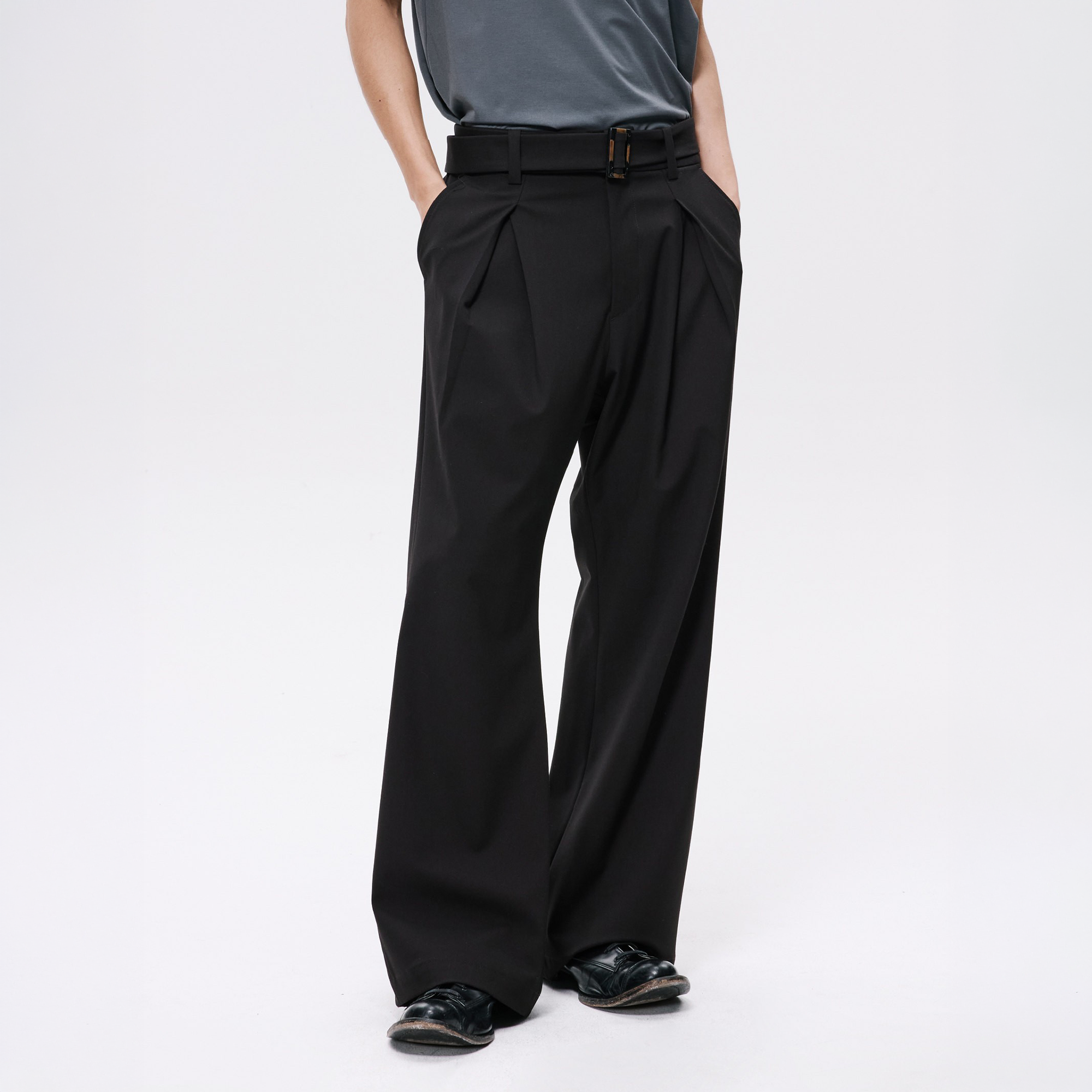 ALVNG AR ANTS Horn Buckle Belted Pleated Trousers-Pants-XS / 28-32"-Black-Free Shipping Leatheretro