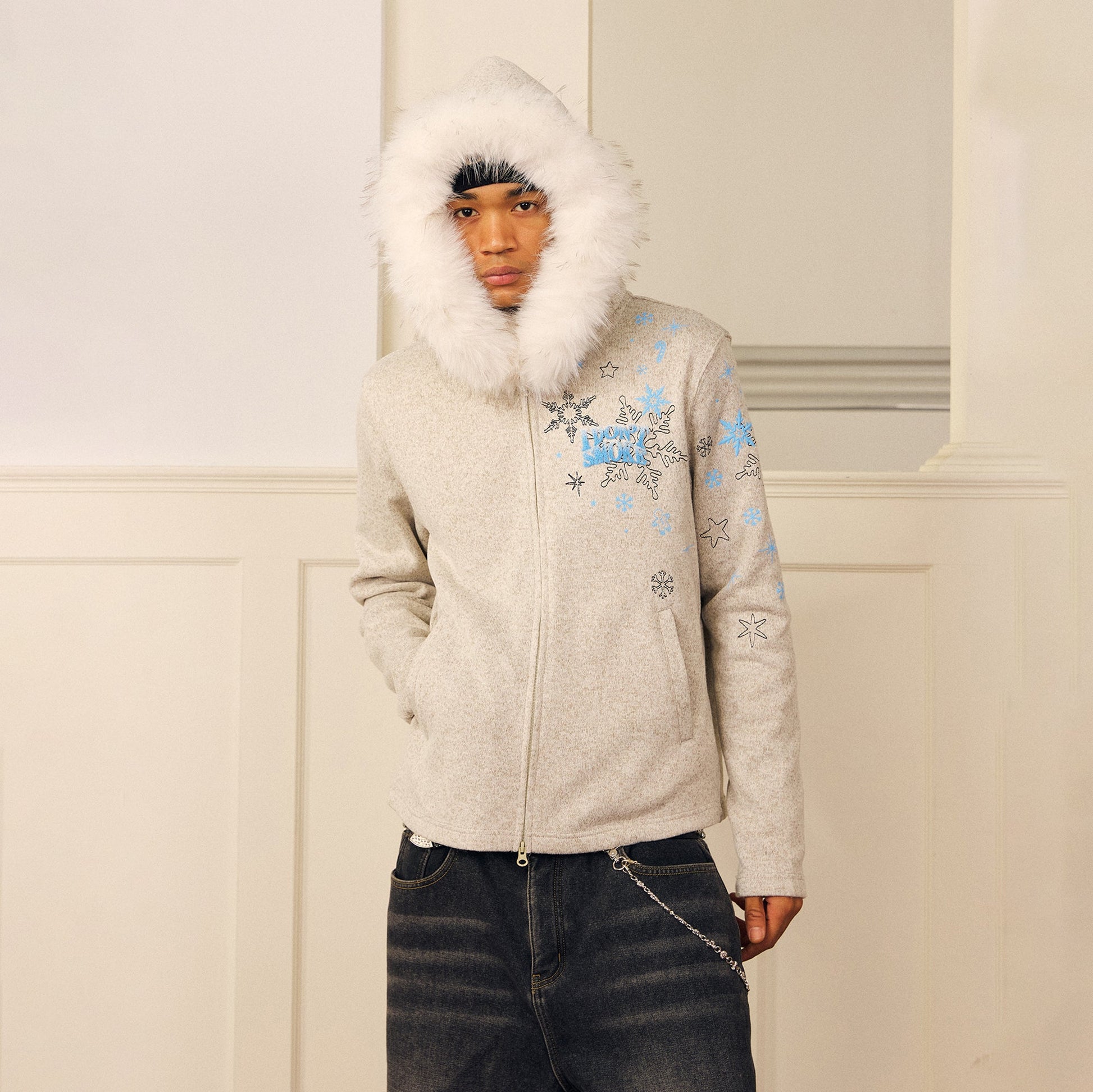DONSMOKE Snowflake Embroidered Fleece-Lined Zip-Up Hoodie-Jacket-S (Preorder)-Gray-Free Shipping Leatheretro