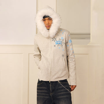 DONSMOKE Snowflake Embroidered Fleece-Lined Zip-Up Hoodie-Jacket-S (Preorder)-Gray-Free Shipping Leatheretro