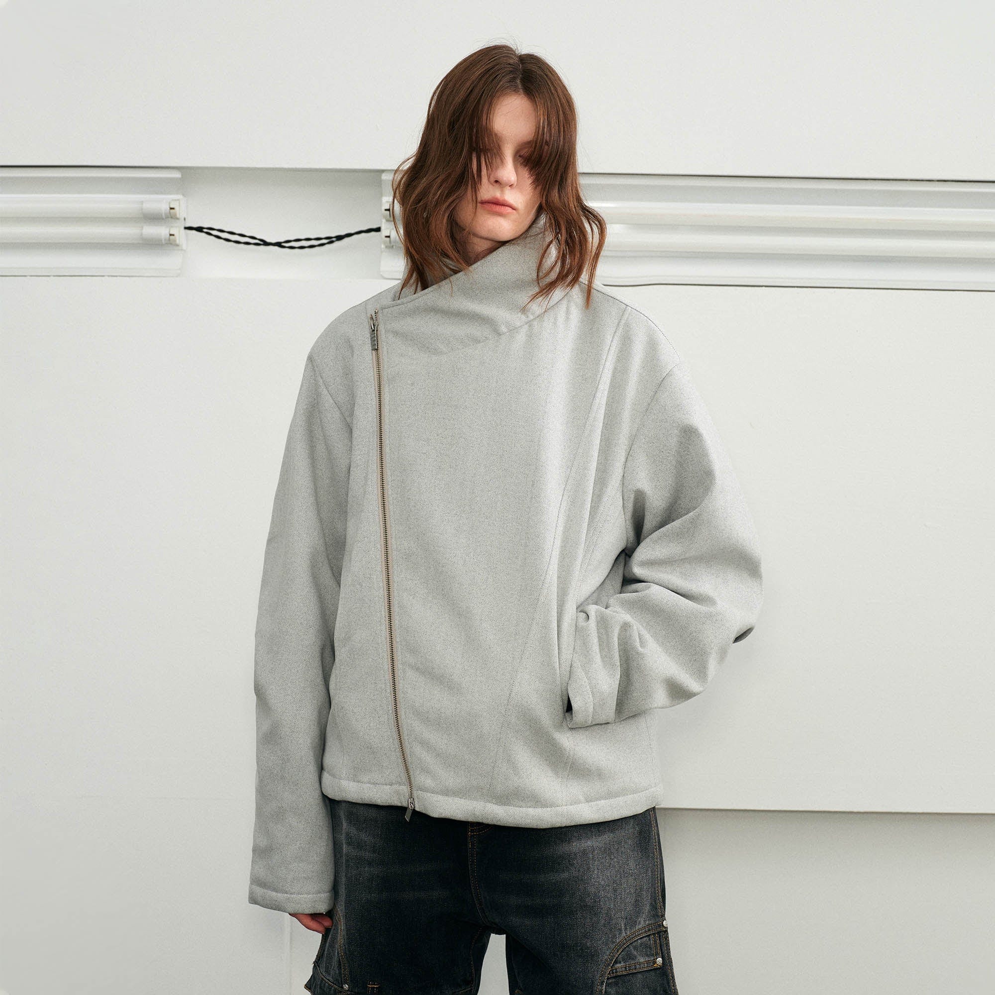 KREATE Detachable Faux Fur Collar Asymmetrical Jacket-Jacket-S-Grey-Free Shipping Leatheretro