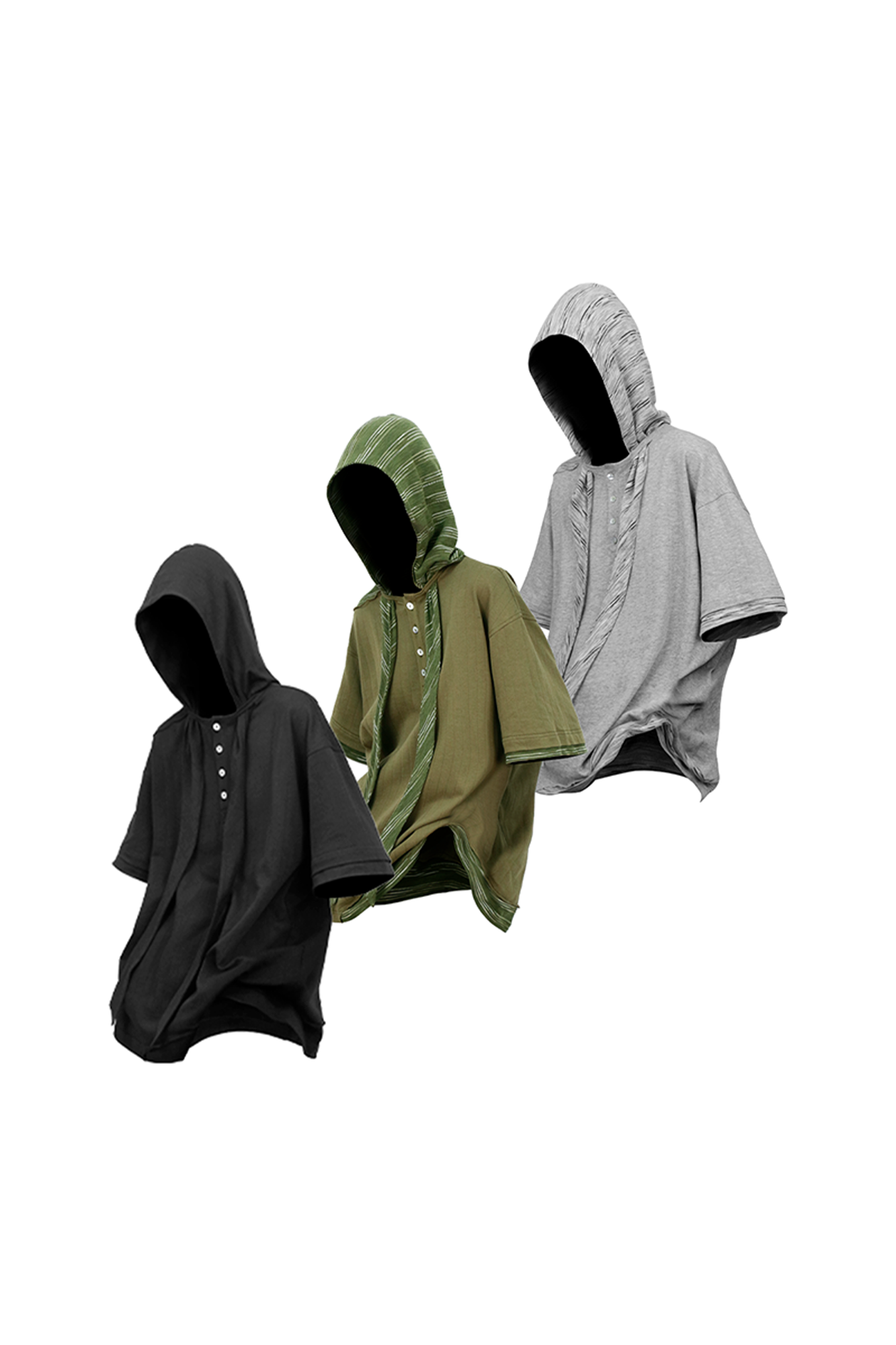 RELABEL Detachable Hood Distressed Henley Tee-T Shirt-XS-Gray-Free Shipping Leatheretro